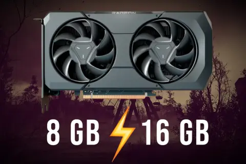 Karta graficzna AMD Radeon Vega 8 z 8 GB i 16 GB pamięci VRAM, na tle opuszczonego wesołego miasteczka.
