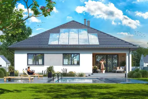 Nowoczesny biały dom z basenem i panelami słonecznymi na dachu.