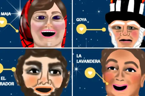 Cabezudos del Parque Goya: La Maja, Goya, El Labrador y La Lavandera, retratados con estilo caricaturesco sobre un fondo estrellado.