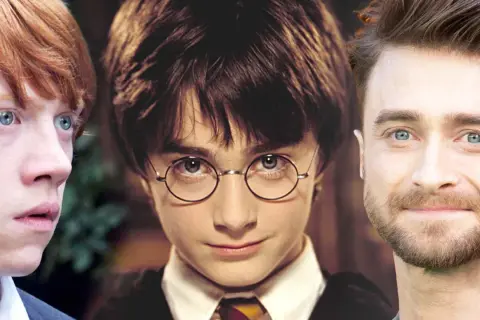 Drei Harry Potter Schauspieler: Rupert Grint, Daniel Radcliffe als Kind und Daniel Radcliffe als Erwachsener.