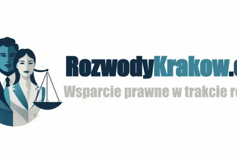 Ilustracja pary prawników z wagą sprawiedliwości i logo RozwodyKrakow.com.