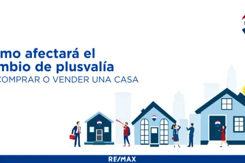 Ilustración de casas y personas, con un globo aerostático RE/MAX y una mano depositando una moneda. Ayuda a calcular plusvalía al comprar o vender.