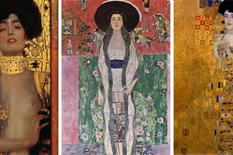 Trzy portrety Adele Bloch-Bauer, w tym słynny "Adele Bloch-Bauer II", w złotych, ozdobnych szatach i z bogatymi zdobieniami.