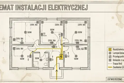 Schemat instalacji elektrycznej mieszkania z rozmieszczeniem gniazd, lamp i przełączników.