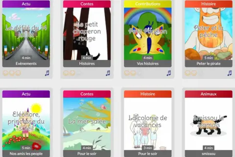 Des livres audio jeunesse à télécharger gratuitement : "Le défilé du 14 juillet", "Le petit chaperon rouge", "Petit Papillon", "Peter et la pêche", "Eléonore, princesse du soleil", "La mer salée", "La colonie de vacances", "Smissou le Siamois".