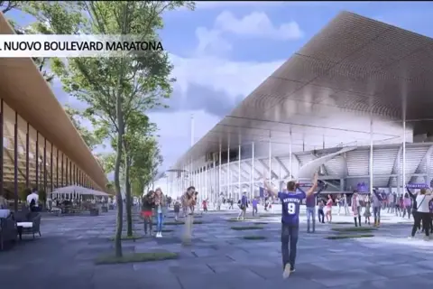 Nowoczesny fiorentina stadion z zadaszeniem i placem przed nim, gdzie spacerują kibice.