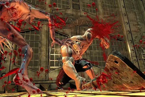Krwawa scena z gry Splatterhouse: potwór z pazurami atakuje przeciwnika gigantycznym tasakiem, rozpryskując krew.