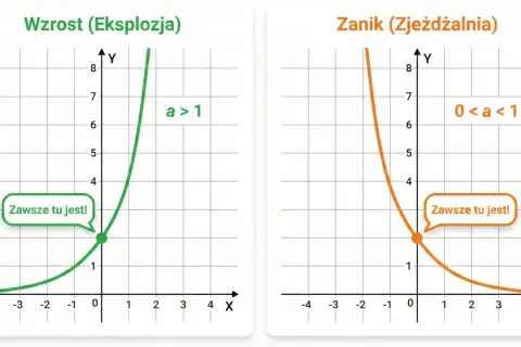 Wykresy ilustrujące funkcję wykładniczą: wzrost (a>1) i zanik (0<a<1).