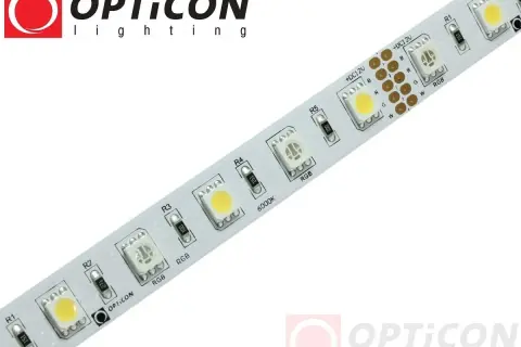 Taśma LED z diodami 5050 RGB i białymi, z oznaczeniami Opticon.
