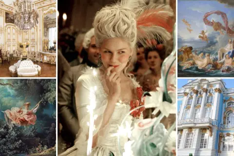 A collage showcasing the opulent Rococo style: a gilded salon, a woman in a powdered wig, a mythological fresco, a garden swing painting, and a blue and gold palace.