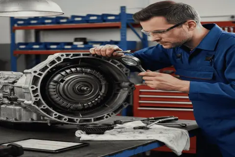 Mecánico revisa con lupa un complejo cambio CVT, asegurando su perfecto funcionamiento.