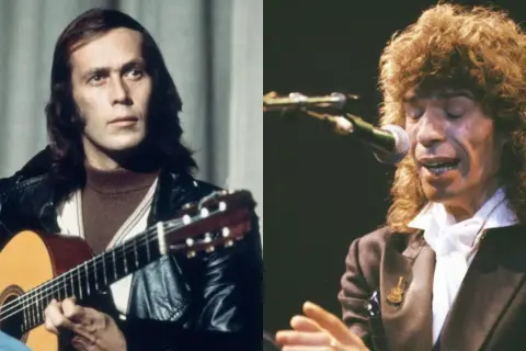 Dos imágenes de Camarón de la Isla, uno tocando la guitarra y otro cantando, evocando sus canciones más famosas.
