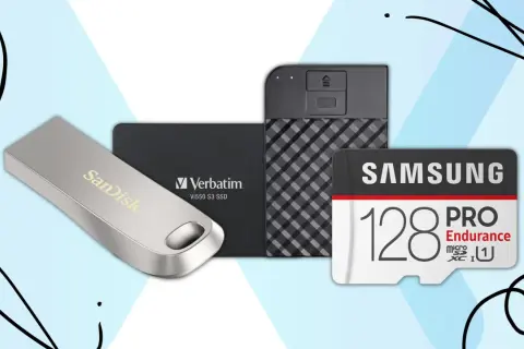 Pendrive SanDisk, dysk SSD Verbatim i karta microSD Samsung 128GB PRO Endurance – różne rodzaje nośników pamięci masowej.