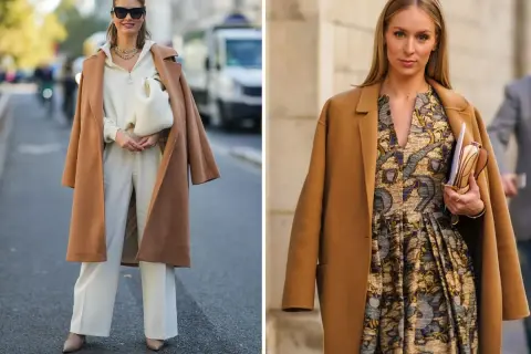 Dwie kobiety w eleganckich płaszczach w camelowy kolor. Jedna w białym komplecie, druga w wzorzystej sukience.