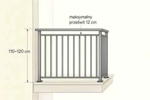 Wysokość balustrady balkonowej 110-120 cm, maksymalny prześwit 12 cm.