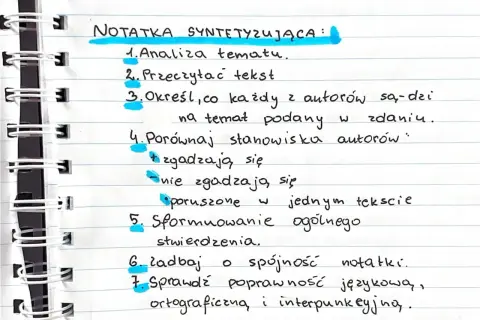 Notatka syntetyzująca schemat: analiza tematu, porównanie stanowisk autorów, formułowanie wniosków i dbałość o poprawność językową.