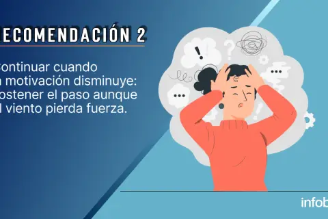 Una mujer con las manos en la cabeza, rodeada de símbolos de confusión, representa la lucha por mantener la motivación personal.