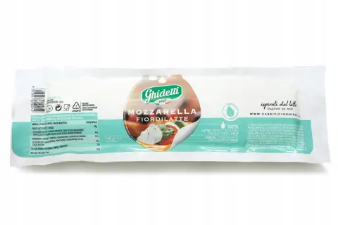 Opakowanie mozzarelli Fior di Latte marki Ghidetti z widoczną etykietą i informacjami o produkcie.