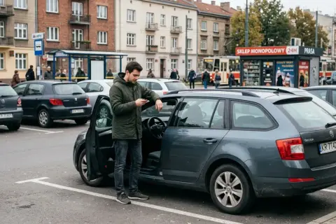 Mężczyzna przy otwartych drzwiach samochodu sprawdza coś na telefonie. W tle parking, budynki i sklep monopolowy.