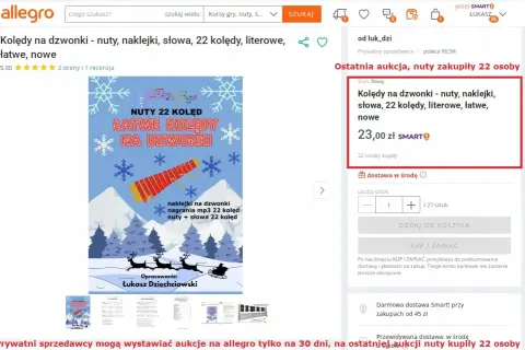 Nuty 22 kolęd na dzwonki chromatyczne, łatwe, literowe, z naklejkami i nagraniami mp3. Ostatnia aukcja, nuty zakupiły 22 osoby.