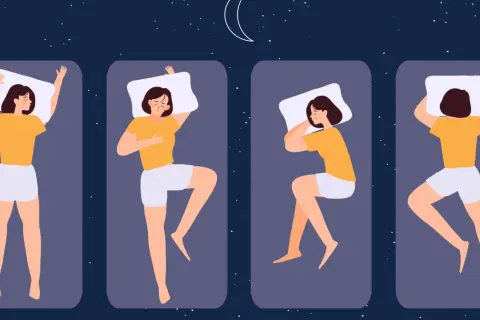 Ilustracja pokazuje cztery różne pozycje snu: na plecach, na boku z ręką na piersi, na boku z podkurczonymi nogami i na plecach z rękami wzdłuż ciała.