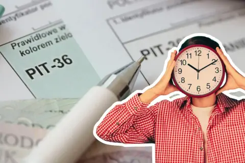 Czas ucieka, a Ty zastanawiasz się, co można odliczyć w PIT. Formularz PIT-36, długopis i zegar symbolizują pilną potrzebę rozliczenia.