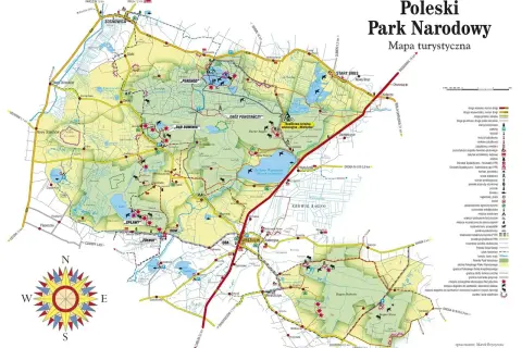 Mapa turystyczna Poleskiego Parku Narodowego. Atrakcje obejmują jeziora, bagna, ścieżki edukacyjne i zabytki.