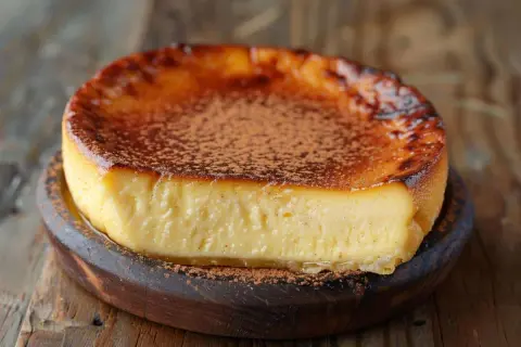 Un délicieux flan sans pâte, saupoudré de cacao, sur un plat en bois. Parfait pour une recette facile et gourmande.