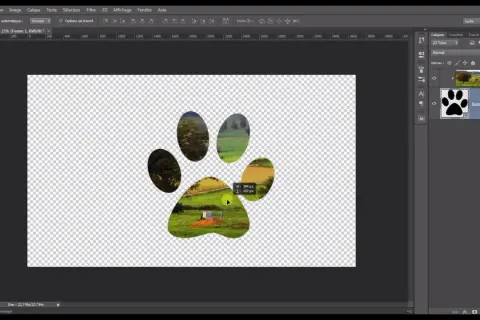Un paysage est visible à travers les empreintes d'une patte, créant un effet de masque d'écretage Photoshop.