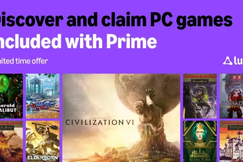 Kolaż okładek gier PC, w tym Civilization VI, z logo Prime Gaming i Amazon Luna.