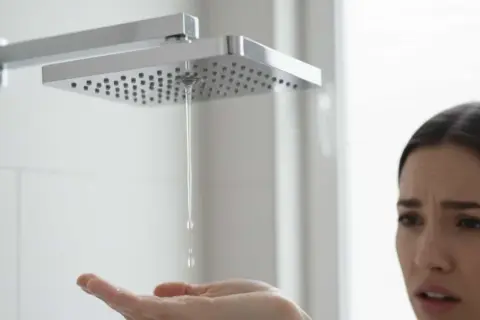 Une femme au visage déconfit teste l'eau de la douche. Elle n'a que de l'eau chaude dans sa douche, quelle déception !