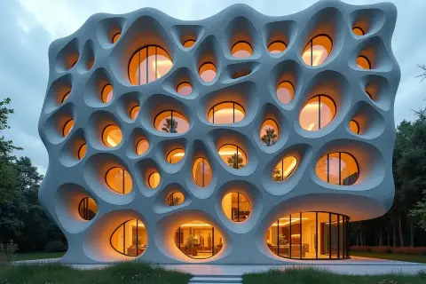 Fascynujący budynek z organiczną fasadą, gdzie okna tworzą wzory przypominające fraktale w architekturze.