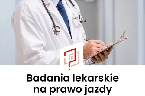 Lekarz w białym kitlu z notatnikiem i stetoskopem. Badania na prawo jazdy.