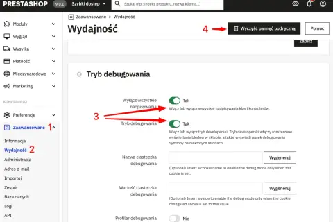 Panel administracyjny PrestaShop: zakładka Zaawansowane > Wydajność. Włącz tryb debugowania, aby wyświetlać błędy.