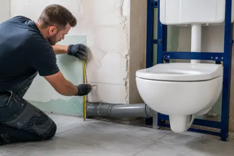 Un ouvrier mesure la hauteur idéale pour l'installation d'un WC suspendu, pensant à la hauteur wc personnes âgées pour un confort optimal.