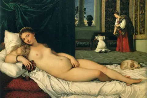 A reclining nude woman, a classic subject in renaissance paintings of women's bodies, rests on a bed. In the background, two figures attend to a chest.