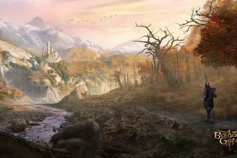Rycerz w zbroi na tle górskiego krajobrazu z zamkiem i jesiennym lasem. Czy Twój sprzęt sprosta wymaganiom Baldur's Gate 3?