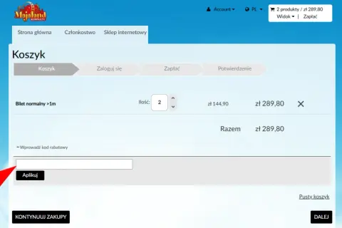 Wpisz energylandia kod rabatowy, aby uzyskać zniżkę na bilety. Pole do wpisania kodu jest widoczne na ekranie koszyka.