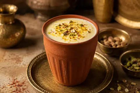 En krämig mango lassi i en terrakottaglas, toppad med pistagenötter och saffran.