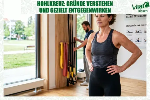 Frau im Fitnessstudio, die sich auf Übungen gegen Hohlkreuz (Hyperlordose LWS) vorbereitet. Ein Mann im Hintergrund wählt Trainingsbänder.