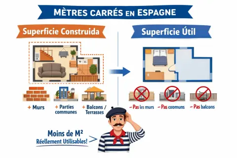Ilustración explica cómo saber cuántos metros cuadrados tiene mi casa, diferenciando superficie construida y útil.