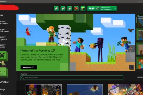 Minecraft launcher z postaciami Steve'a i Alex, świętujący 15 lat gry.