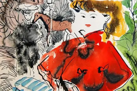 Escena de Emilio Grau Sala con una mujer de vestido rojo y otras figuras, estilo acuarela y tinta.