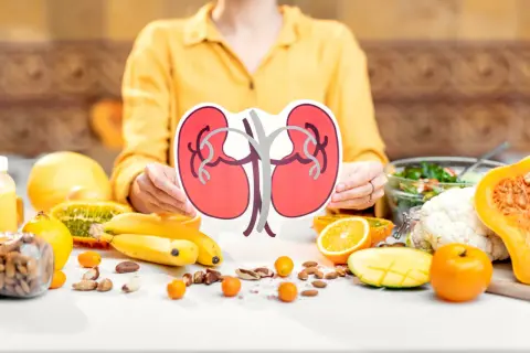 Zdrowa dieta wspiera naturalną regenerację nerek. Na stole owoce, warzywa i orzechy.