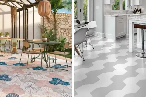 Calepinage carrelage 60x60 : sols géométriques et floraux pour terrasses et cuisines modernes.