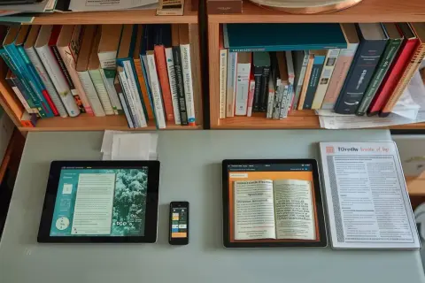 Des livres sur une étagère, une tablette affichant un livre numérique et un smartphone. Qu'est-ce que le format Kindle pour un livre ? C'est un livre électronique.