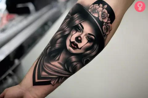 Un tatuaje chicano de una mujer con maquillaje de payaso, sombrero de copa adornado con rosas y cabello ondulado.