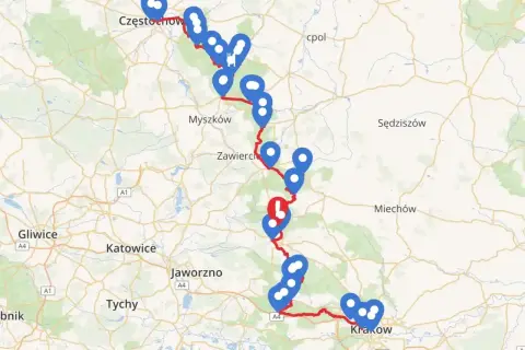 Mapa z zaznaczonym szlakiem Orlich Gniazd samochodem. Trasa prowadzi od Częstochowy przez Myszków, Zawiercie, aż do Krakowa, z licznymi punktami widokowymi.