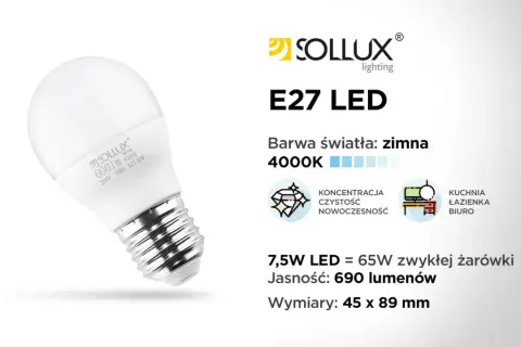 Żarówka LED Sollux E27 o barwie zimnej 4000K, 7,5W, zastępuje żarówkę halogenową 65W. Jasność 690 lumenów.
