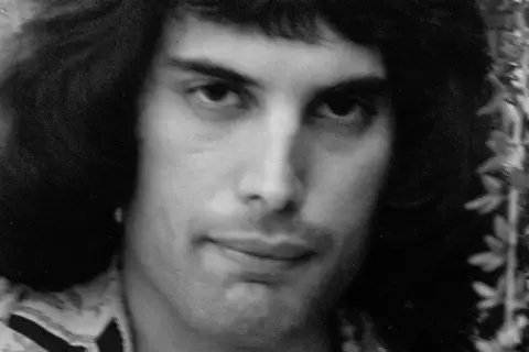 Zbliżenie na twarz młodego Freddiego Mercury'ego, którego prawdziwe imię to Farrokh Bulsara. Jego charakterystyczna fryzura i spojrzenie.